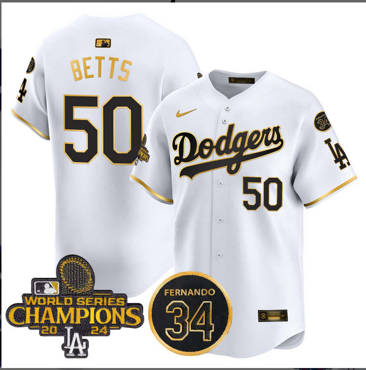 Men MLB Los Angeles Dodgers 50 Betts white 2024 World Series Champions Patch Limited Jersey style 3